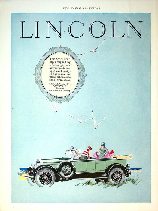 1926 Licoln Sport Touring Motor Car Print Ad The House Beautiful 12"x9" 1