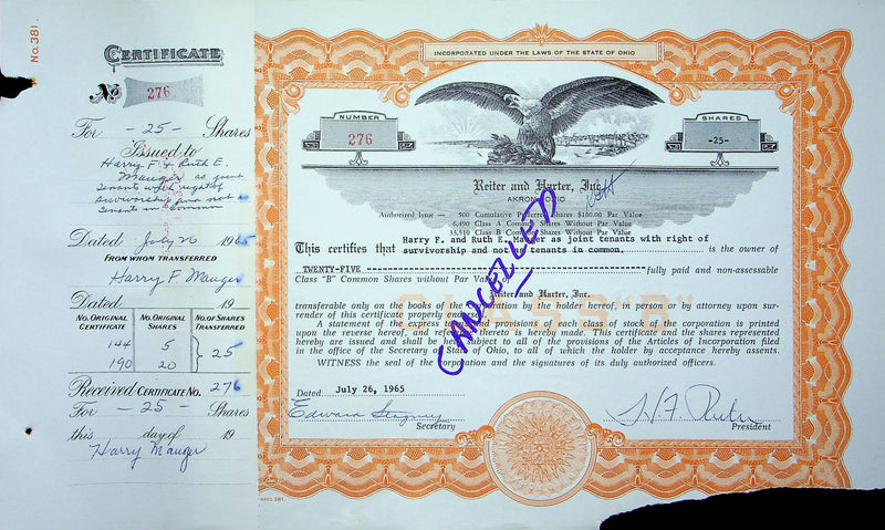 Reiter Dairy Company Stock Certificate Bond Scripophilly Akron Ohio 1965 No 276
