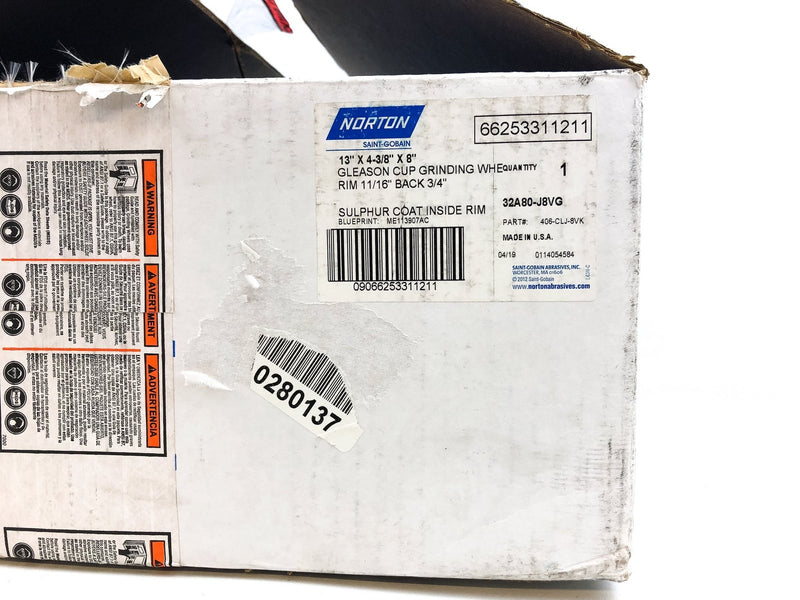 Norton Grinding Wheel 13" x 4-3/8" x 8" Gleason Cup 32A80-J8VG 8