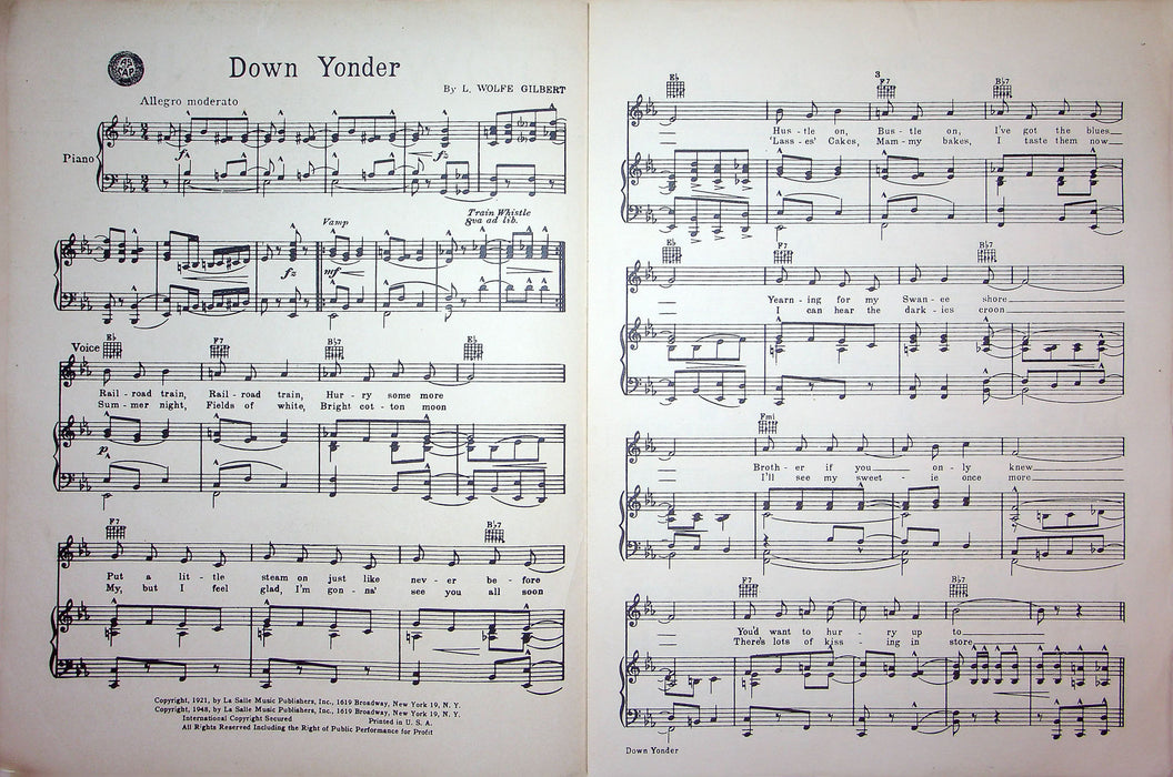 Sheet Music Down Yonder Freddy Martin Wolfe Gilbert 1948 Vocal Piano Song 2
