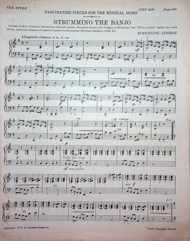 1935 Strumming the Banjo Vintage Sheet Muisc Evangeline Lehman Piano Music Etude 1