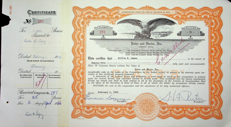 Reiter Dairy Company Stock Certificate Bond Scripophilly Akron Ohio 1966 No 291