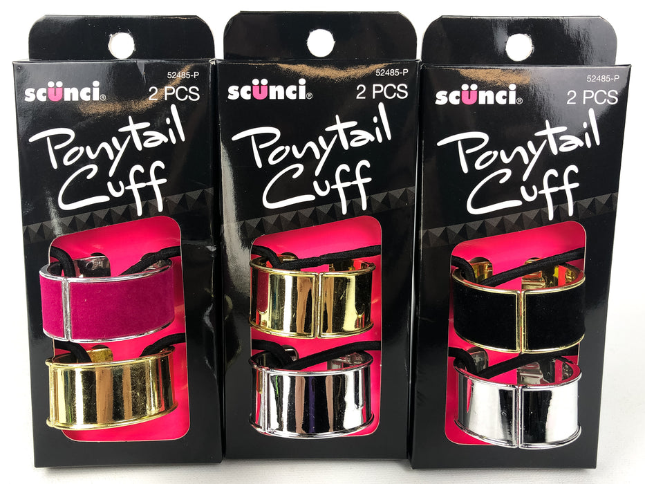 6-CT Scunci Ponytail Holder Cuff Hinged Hair Tie Black Pink Velvet Gold Silver