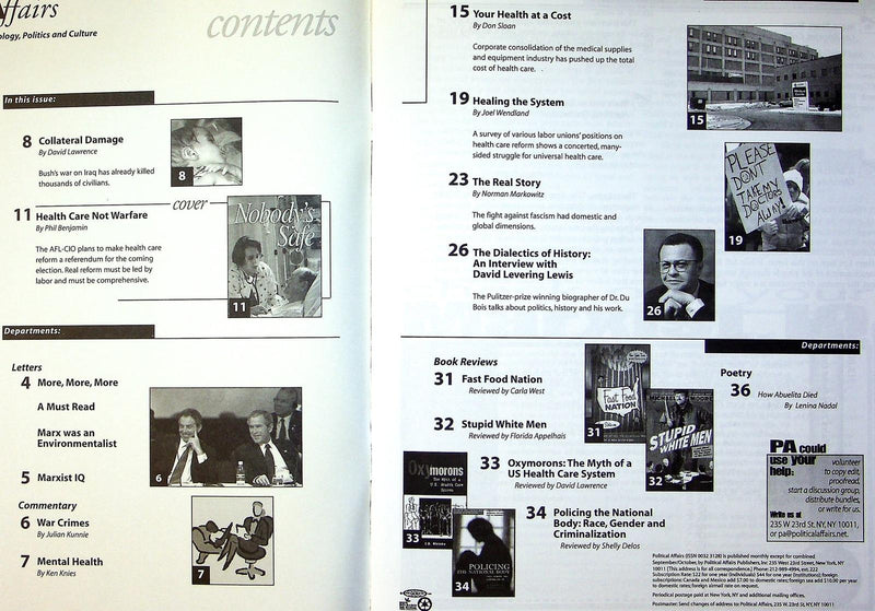 Political Affairs Magazine 2003 Vol 82 No. 6 Daivd Levering Lewis, Health Care