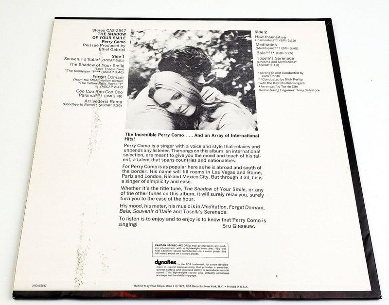 Perry Como The Shadow Of Your Smile 33 RPM LP Record RCA 1972 CAS-2547 2