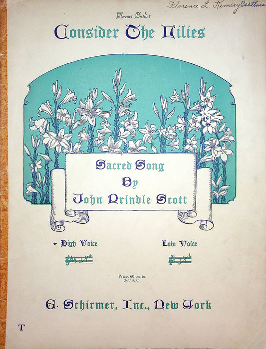 Sheet Music Consider The Lilies John Prindle Scott Religious Bible Music 1921 1