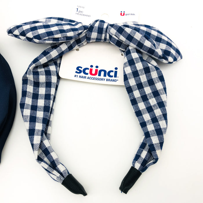 4-Piece Scunci Headband Head Bands Scrunchies Lot Hair Ties Blue Checkered Silk