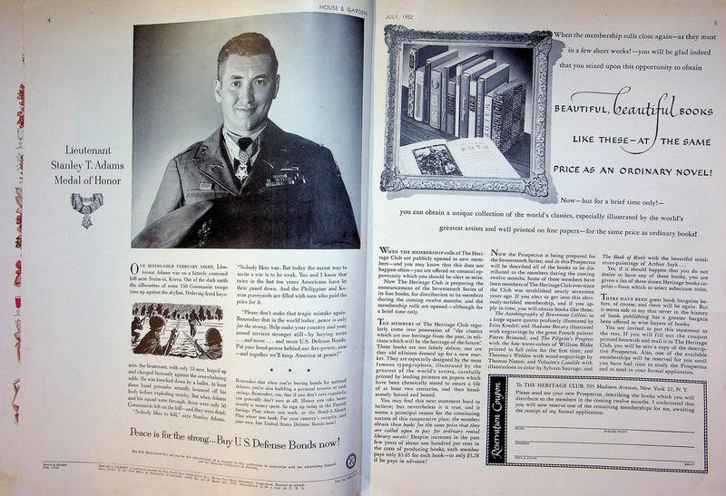 House and Garden Magazine July 1952 US Defense Bonds Ad Medal of Honor Story 5