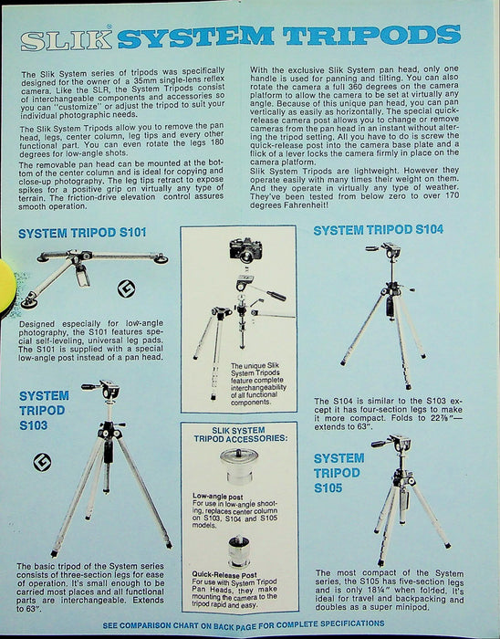 1970s Slik Photo Video Accessories Brochure System Tripods S101, 103, 104 & More