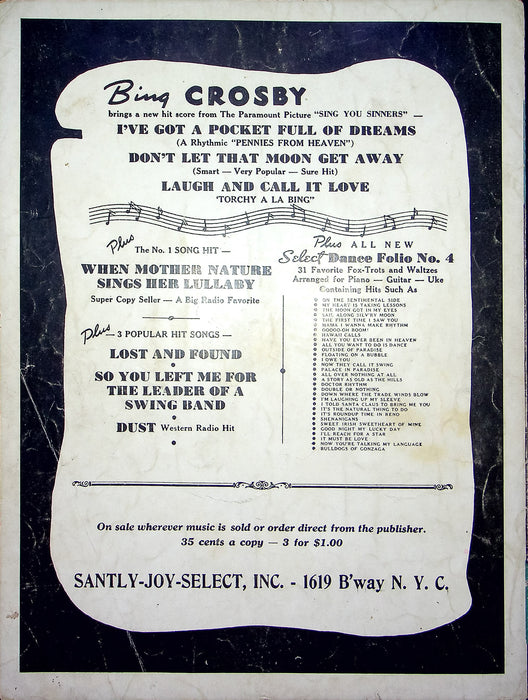 Sheet Music I've Got A Pocketful Of Dreams Bing Crosby 1938 Sing You Sinners 2