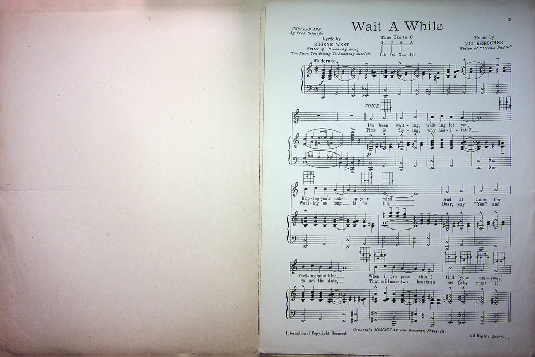 Vintage Ukulele Sheet Music Wait A While 1925 Eugene West Lou Hersher Piano Song 2