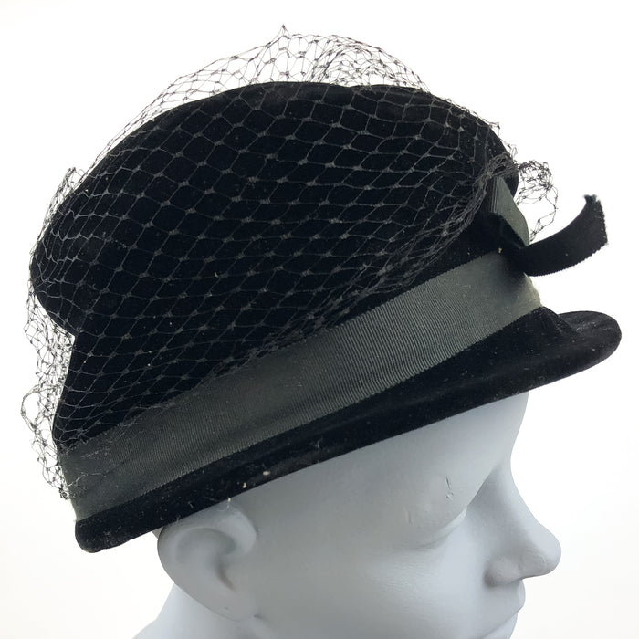 Vintage 1920s Cloche Crusher Hat Black Velvet Felt Grid w/ Plain Bow Ribbon