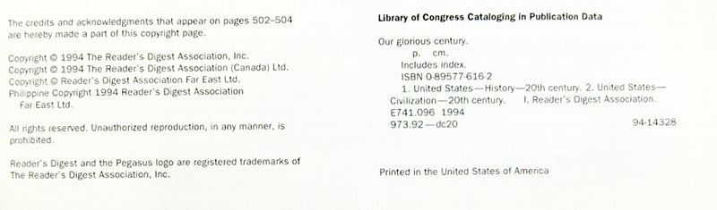 Reader's Digest: Our Glorious Century (Hardback) - 1994 | USED