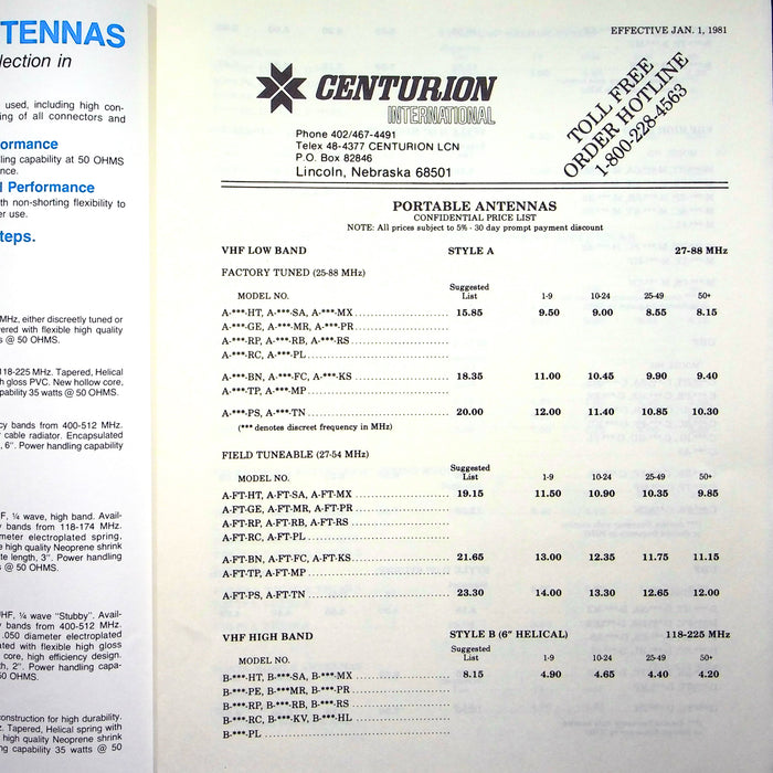 1981 Centurion International Battery & Antenna Catalogs w/ Price Lists