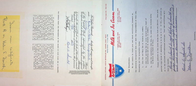 Reiter Dairy Company Stock Certificate Bond Scripophilly Akron Ohio 1965 No 253