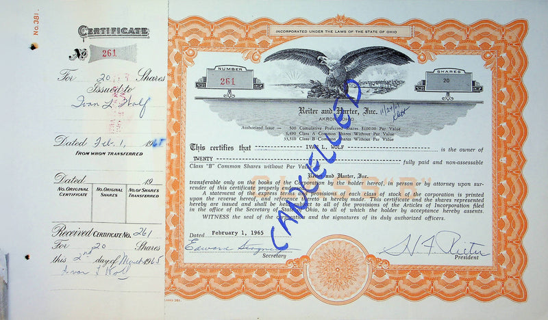 Reiter Dairy Company Stock Certificate Bond Scripophilly Akron Ohio 1965 No 261