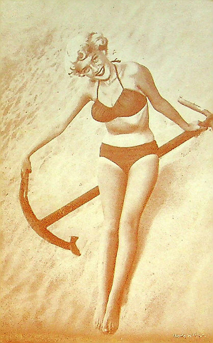 50s Pin Up Promo Photo Card Woman Blond Bombshell Bikini Beach Anchor Military