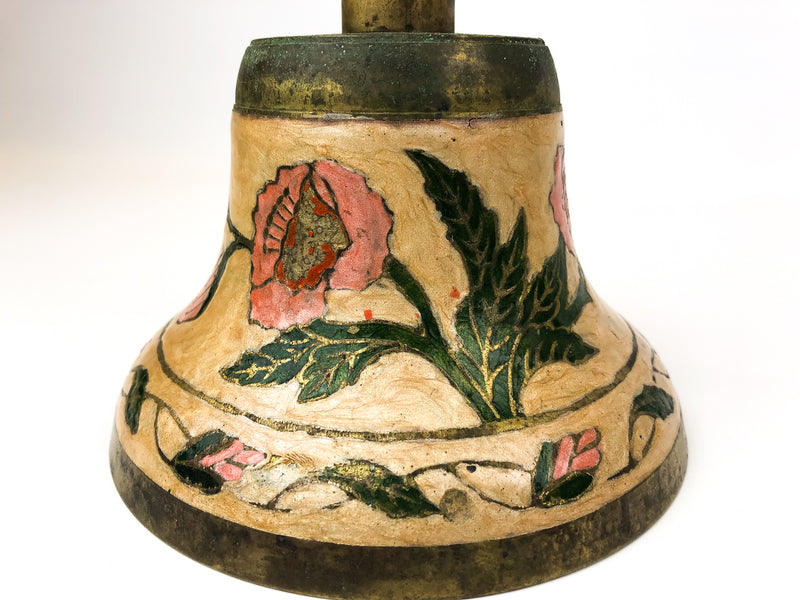Vintage Bronze Bell Enamel Floral Design & Wooden Handle LARGE 5-3/4" x 10"