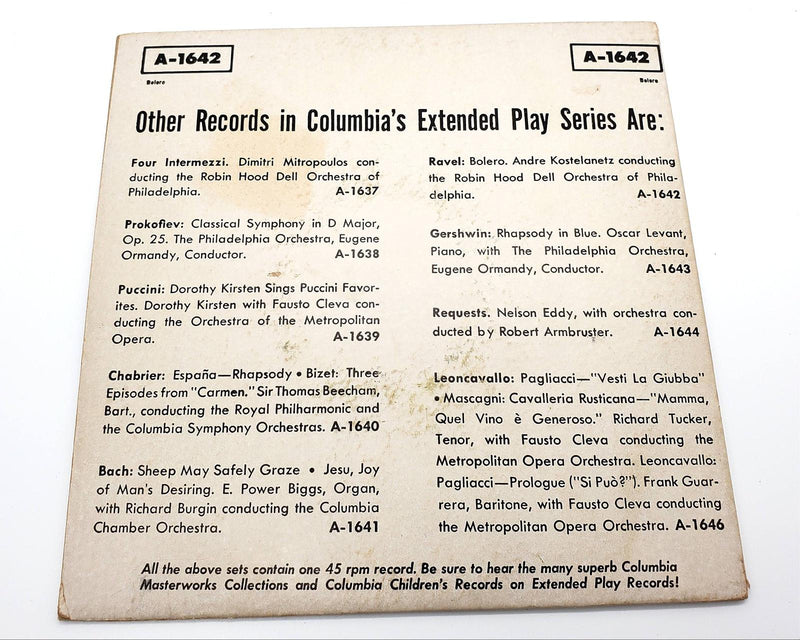 André Kostelanetz Bolero 45 RPM EP Record Columbia 1953 A-1642 2