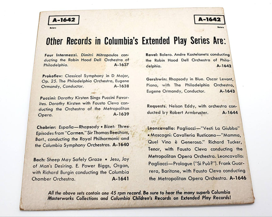 André Kostelanetz Bolero 45 RPM EP Record Columbia 1953 A-1642 2