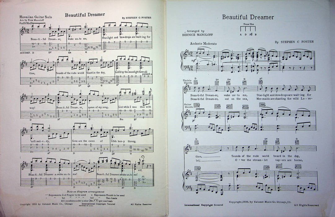 Vintage Hawaiin Sheet Music Beautiful Dreamer 1935 Stephen C Foster Guitar Solo 2