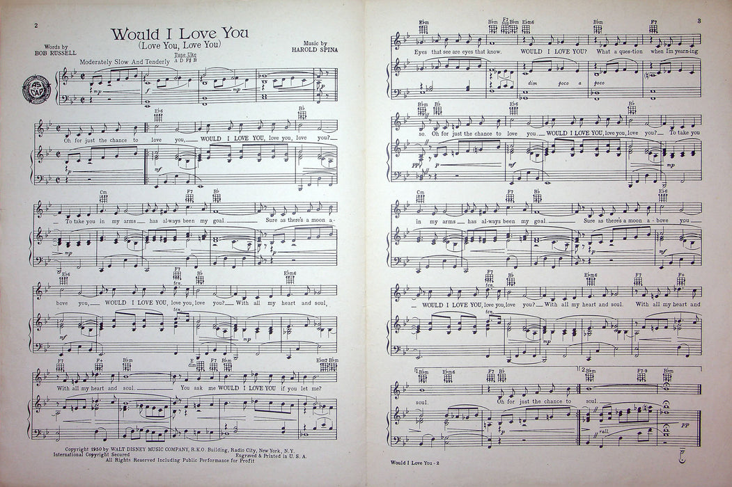 Sheet Music Would I Love You Walt Disney Music Bob Russell Harold Spina 1950 2