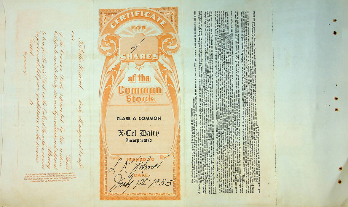 X-Cel Dairy Company Stock Certificate Bond Scripophilly Akron Ohio 1935 No 14