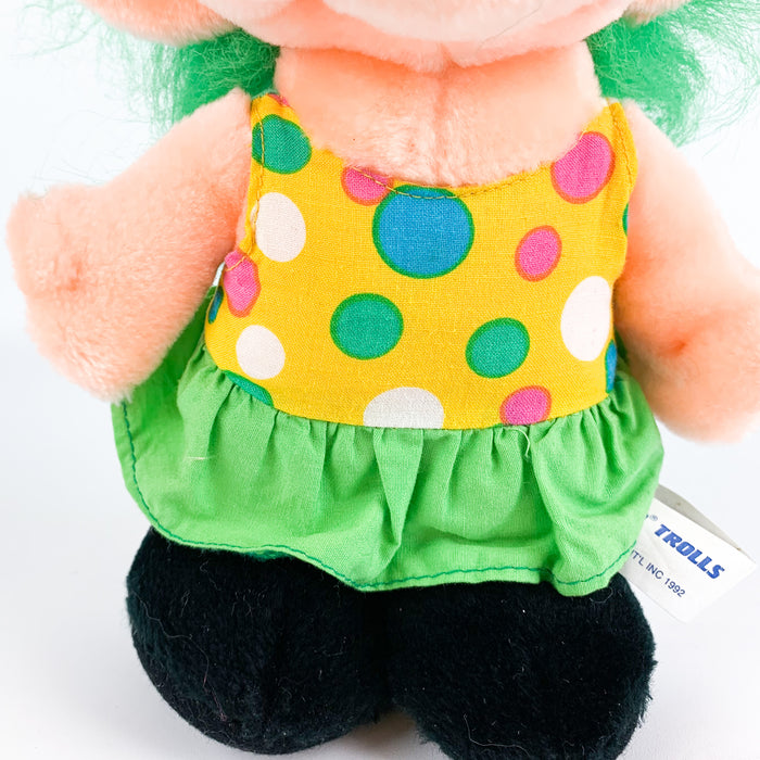 Trolio Troll Girl Polka Dot Dress Green Hair Bow 10" 1992 Plush Stuffed Animal