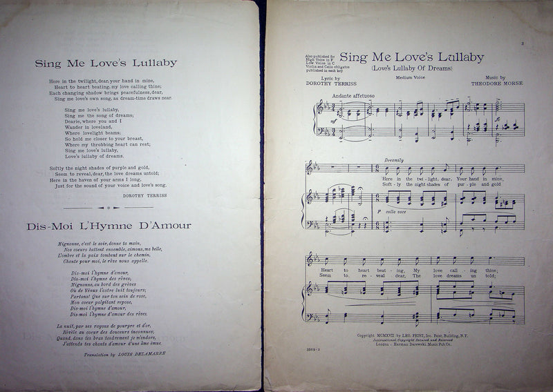Sheet Music Sing Me Loves Lullaby Dorothy Terriss Theodore Morse 1917 Leo Feist 2