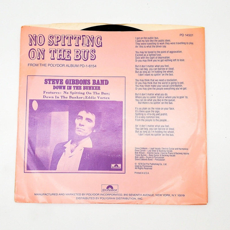 Steve Gibbons Band No Spitting On The Bus 45 Single Record Polydor 1978 PROMO 2