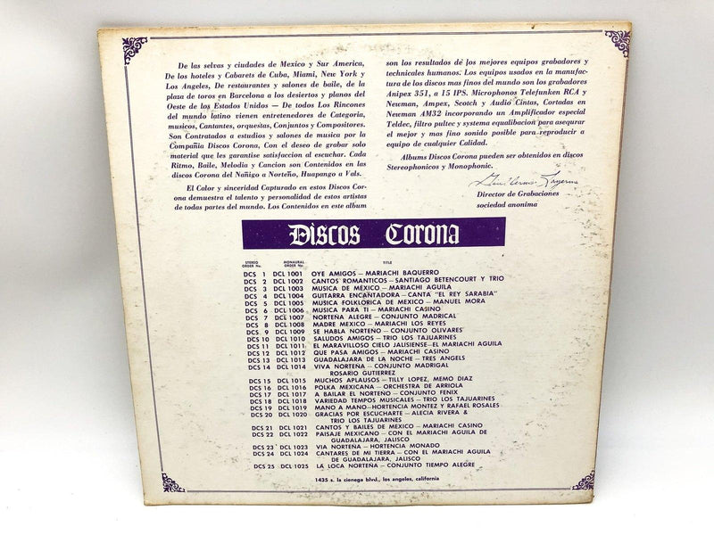 Mariachi Casino Que Pasa Amigos Record 33 RPM LP DCS-12 Discos Corona 2