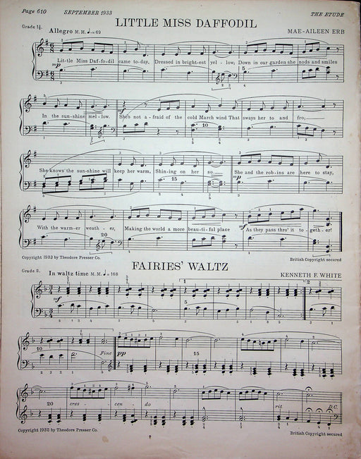 Prelude and Fugue in E Minor Sheet Music Piano Song JS Bach 1933 Etude Magazine 1