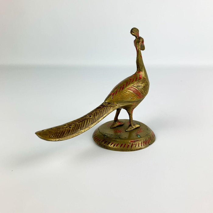 Vintage Brass Peacock Bird With Red Incised Details Long Tail Signed India 4" 8