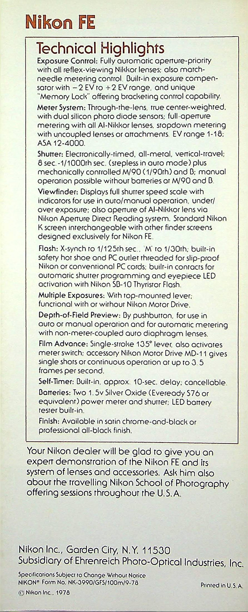1978 Nikon FE Automatic Compact Camera Brochure 35mm SLR