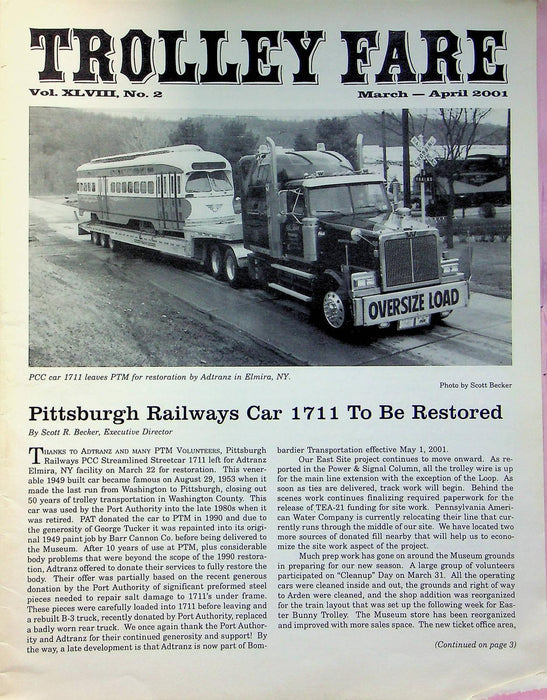 Trolley Fare Magazine April 2001 Pittsburgh Railway Car 1711 Restored PA Museum