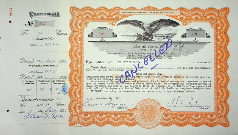 Reiter Dairy Company Stock Certificate Bond Scripophilly Akron Ohio 1967 No 327