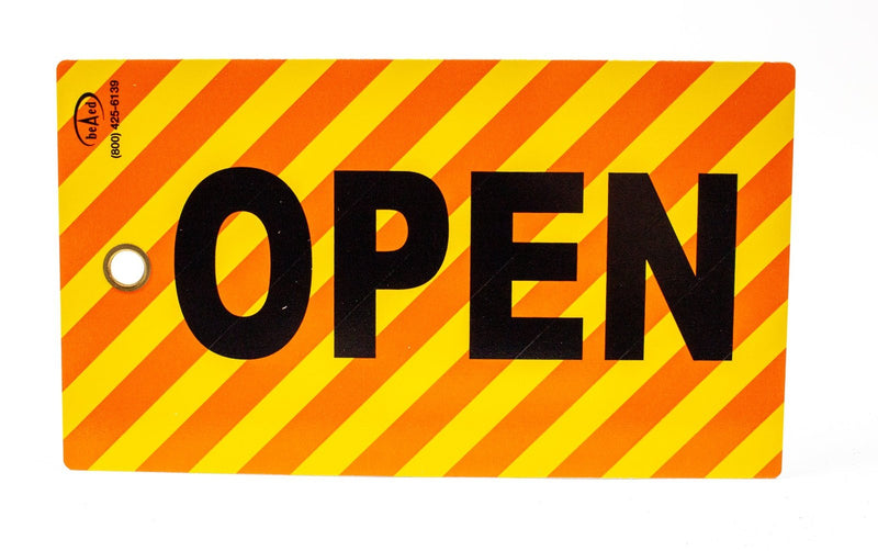 Beaed: Open Sign Tag - Striped Orange & Yellow Plastic, 4" x 7" - Lot of 5 | NEW 2