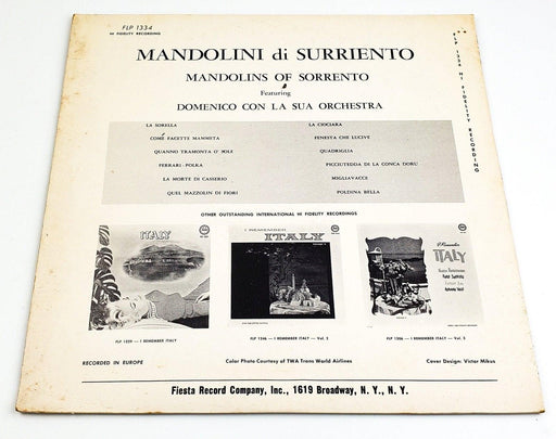 Domenico Con La Sua Orchestra Mandolins Of Sorrento 33 RPM LP Record Fiesta 2
