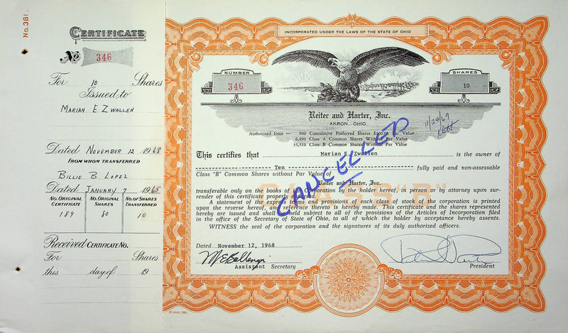 Reiter Dairy Company Stock Certificate Bond Scripophilly Akron Ohio 1968 No 346
