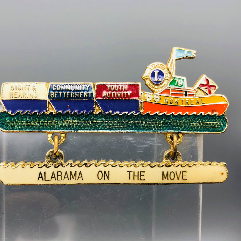 Vintage Lions Club Lapel Pin Pinback Alabama Montreal Canada Tugboat On The Move