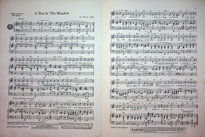 A Tree In The Meadow Sheet Music Billy Reid 1947 Piano Vocal Song Gypsy Writer 3