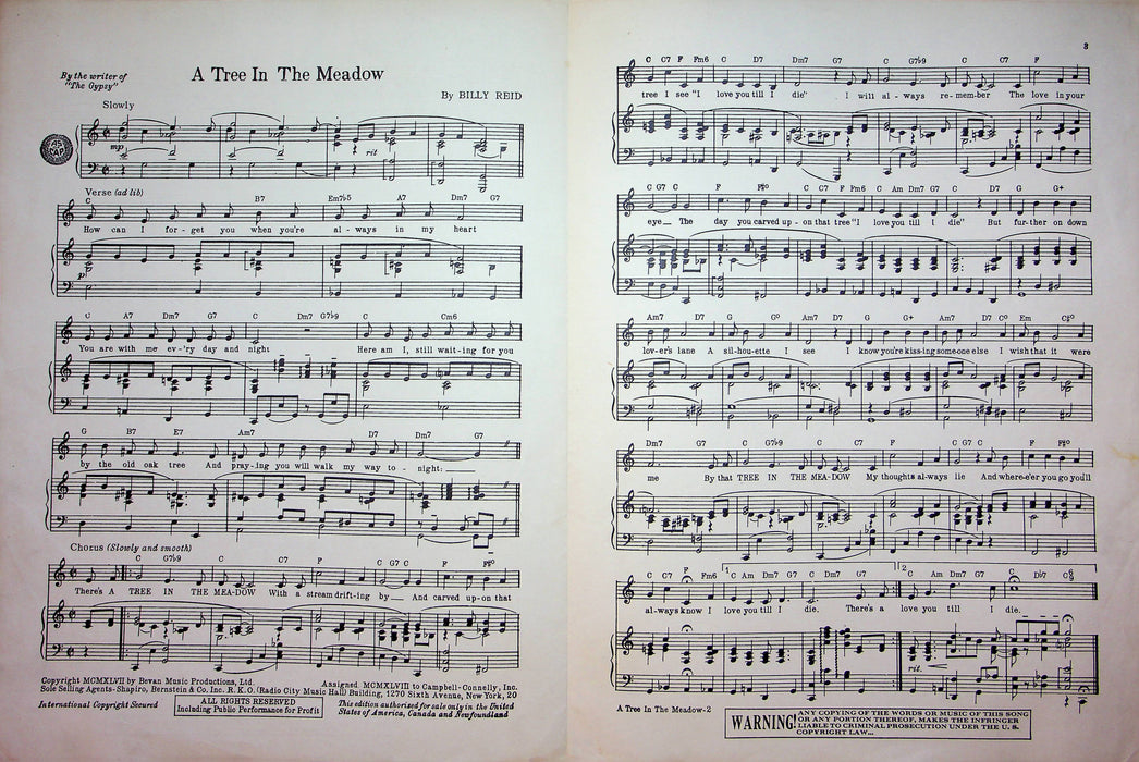 A Tree In The Meadow Sheet Music Billy Reid 1947 Piano Vocal Song Gypsy Writer 3