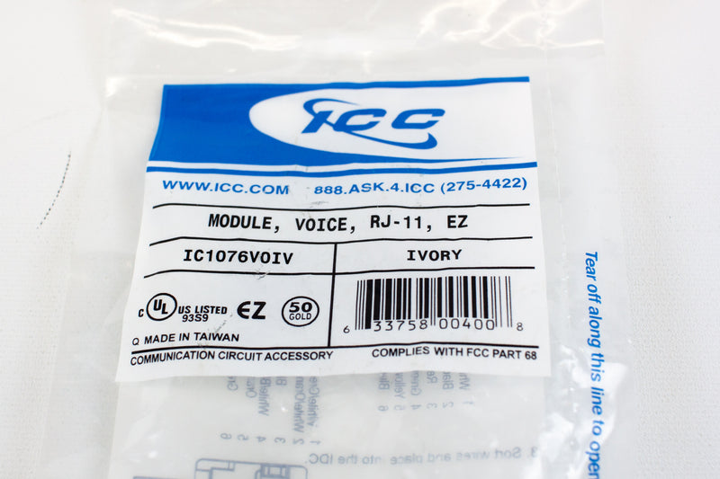 RJ11 Modular Voice Connector ICC IC1076V0IV EZ Ivory New In Package