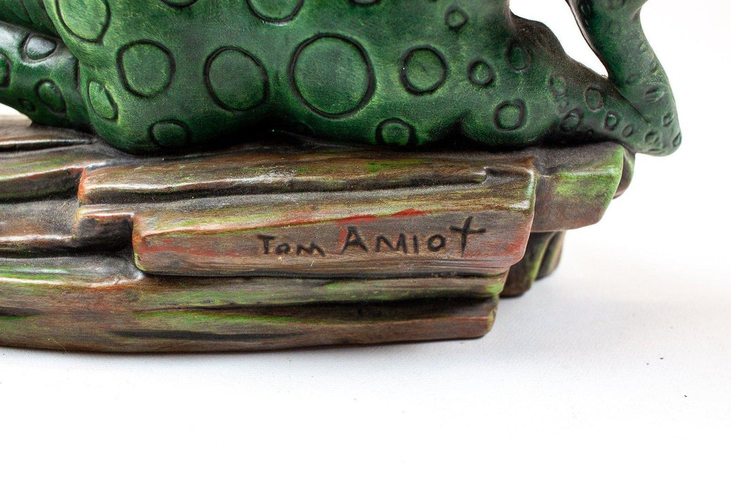 Vintage: Ceramic Bisque Frog Welcome Sign Flower Bed Figure - Signed Tom Amiot 5