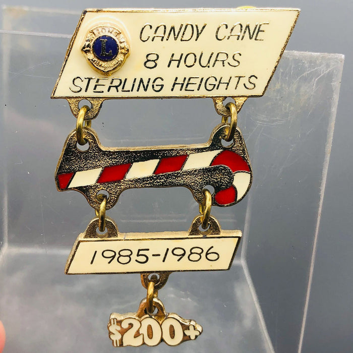 Vintage Lions Club Lapel Pin Pinback Candy Cane 8 Hours Sterling Heights '85-'86