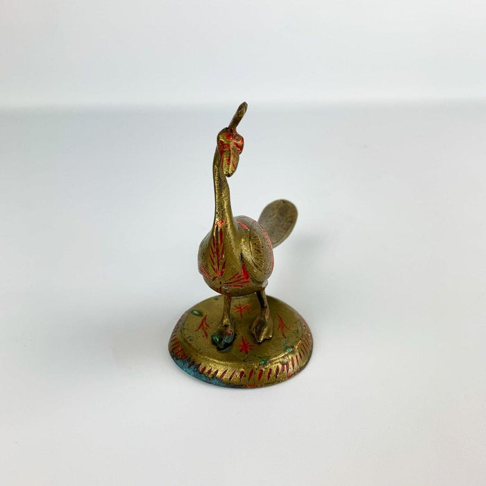 Vintage Brass Peacock Bird With Red Incised Details Long Tail Signed India 4" 7