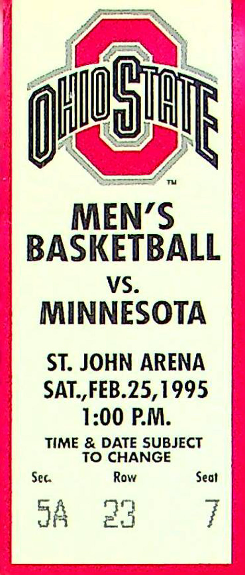 OSU Buckeye Basketball Game Ticket Stub Feb 1995 Vs. Minnesota Golden Gophers