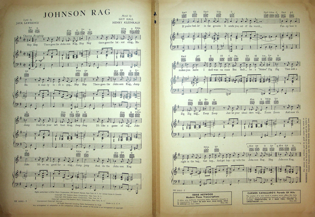 Sheet Music Johnson Rag Jack Lawrence Guy Hall 1945 Ragtime Piano Miller Music 2