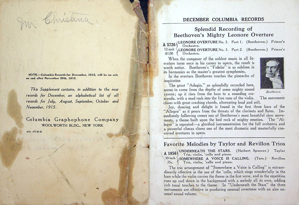 Columbia Records Supplement December 1915 The Aeolian Co Record Names Releases