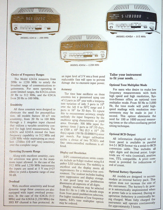 Systron Donner Communication Systems Counters Brochures 6040A, 6244A & More